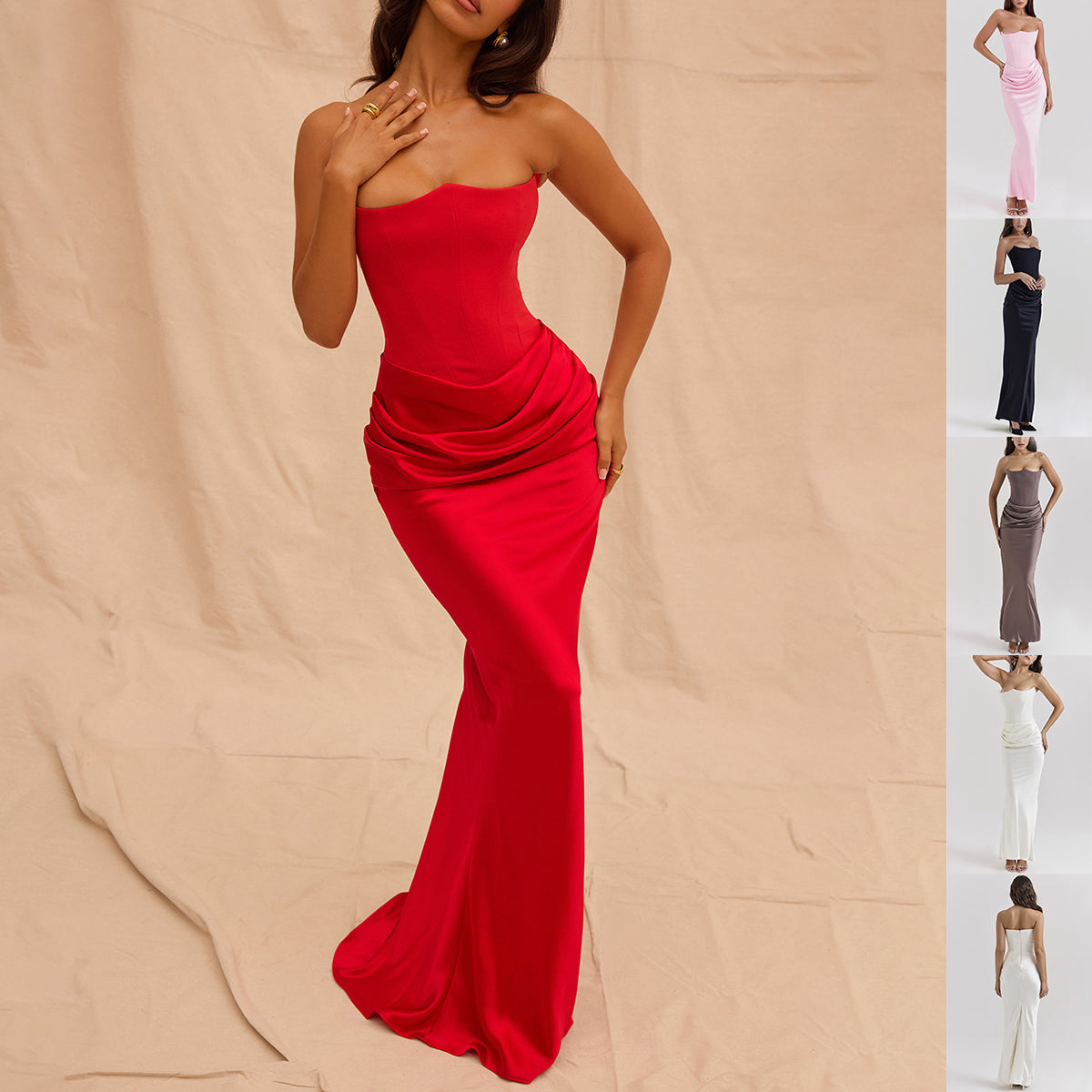 Woman in a red bandeau maxi evening dress
