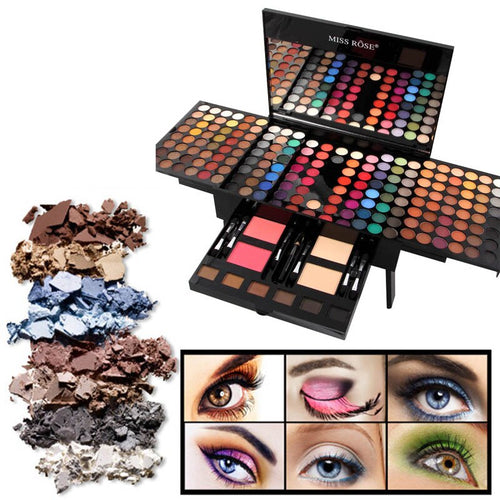 Open 180-color makeup palette with eyeshadow, blush, contour and powder shades