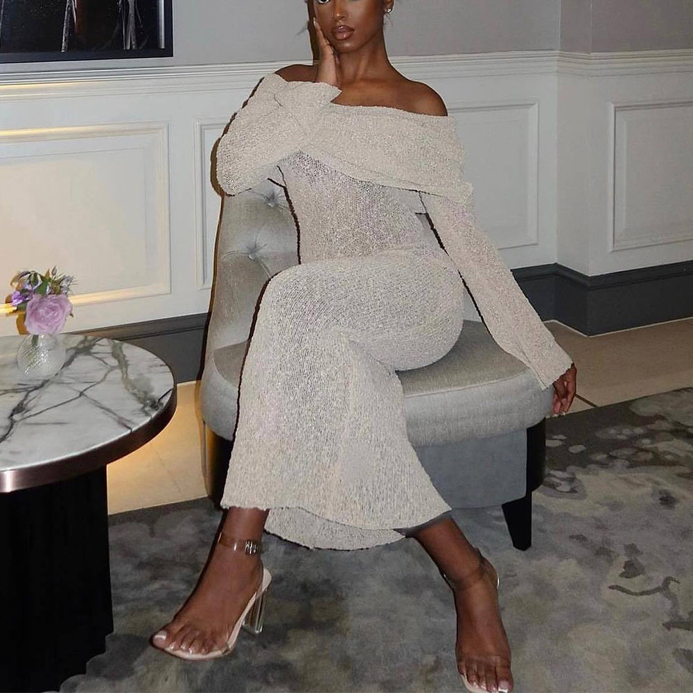 Full-length view of the apricot knit maxi dress with an asymmetrical neckline and long sleeves