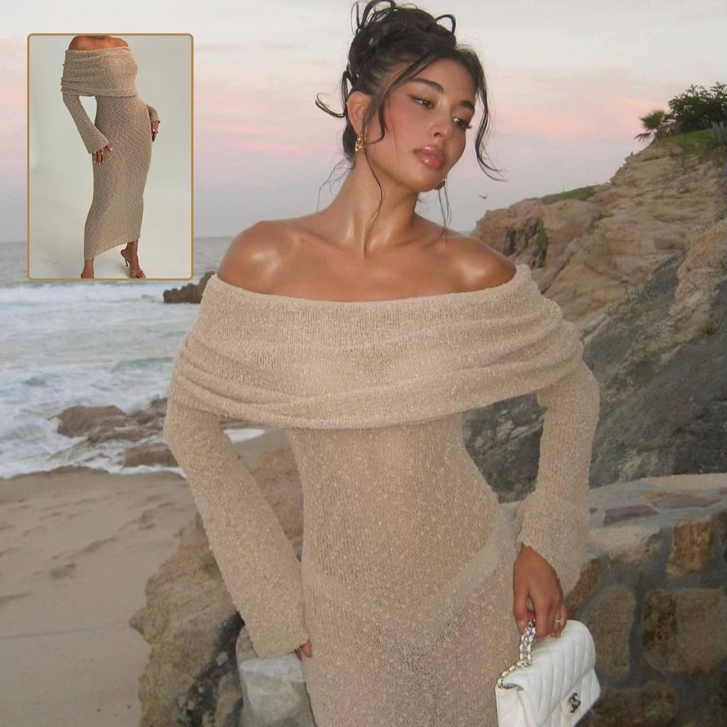 Model wearing the apricot one-shoulder knit maxi dress beside the sea, with a full-length inset