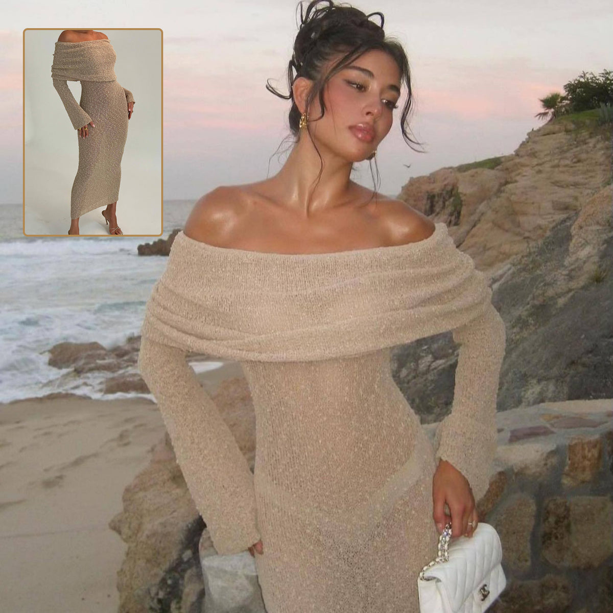 Model wearing the apricot one-shoulder knit maxi dress beside the sea, with a full-length inset