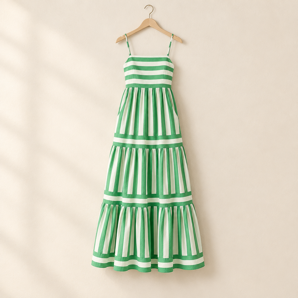 Striped Square Neck Maxi Dress with Pockets