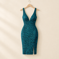Sequin Deep-V Cocktail Midi Dress