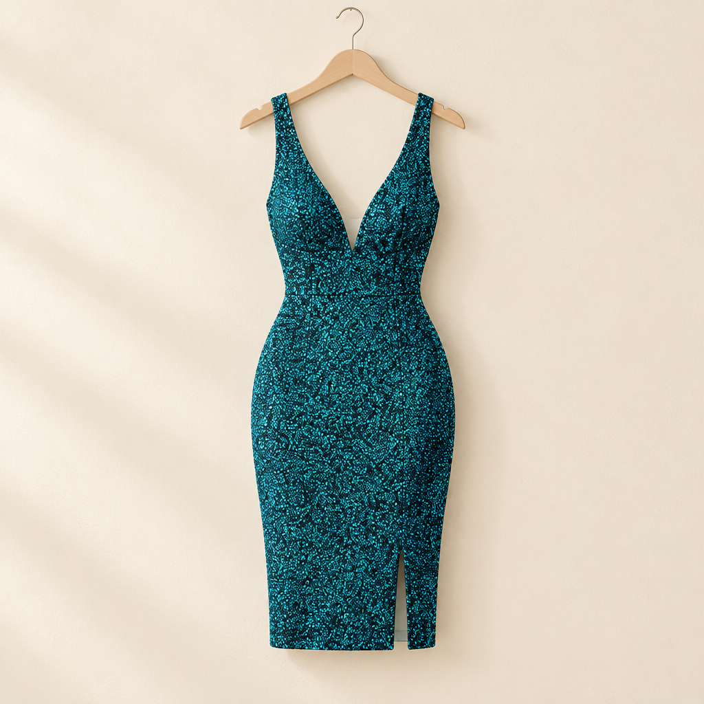Sequin Deep-V Cocktail Midi Dress