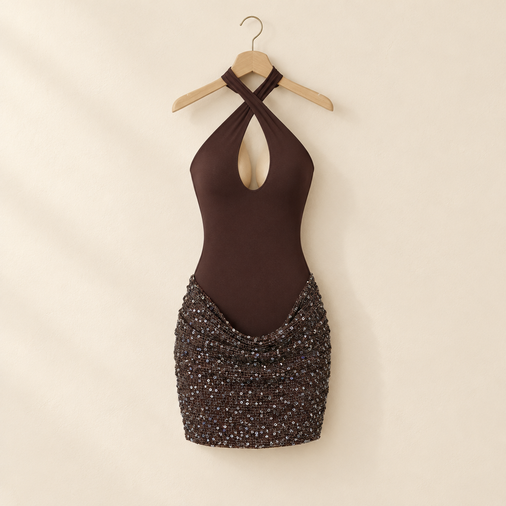 Sequin Halter Ruched Sheath Dress