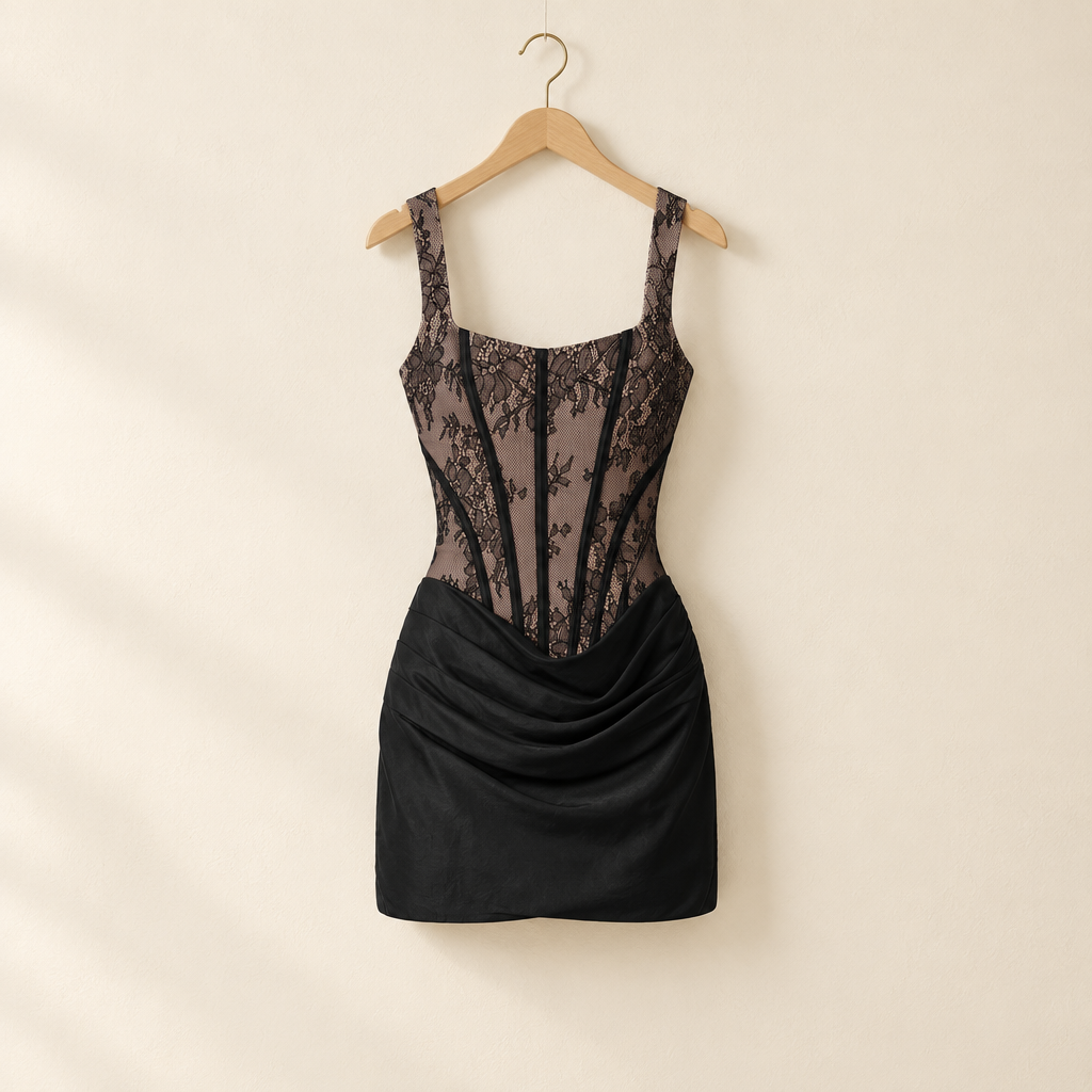 Lace-Panel Pleated Slip Dress