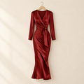 Satin Belted V-Neck Midi Dress