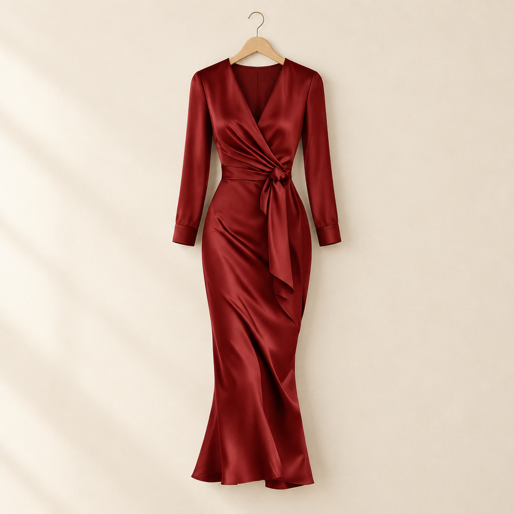 Satin Belted V-Neck Midi Dress