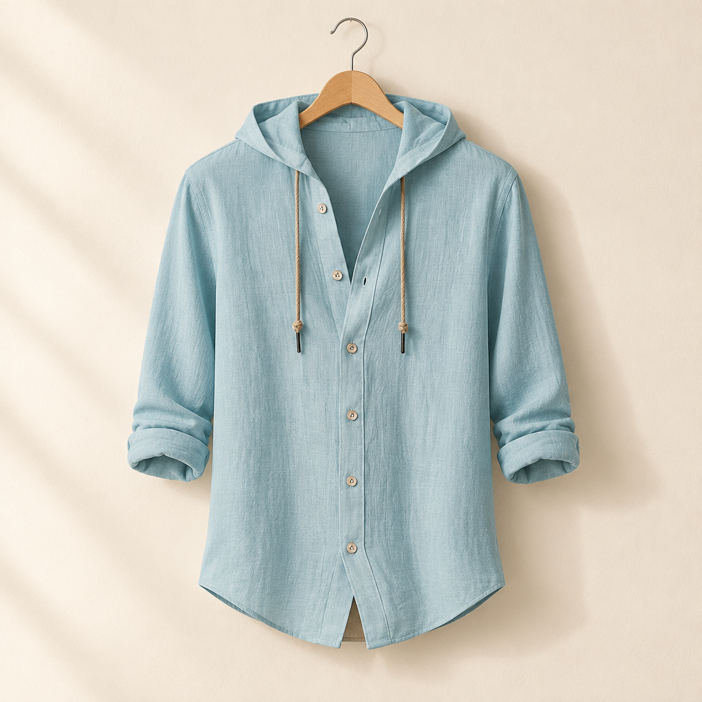 Cotton-Linen Hooded Button Shirt