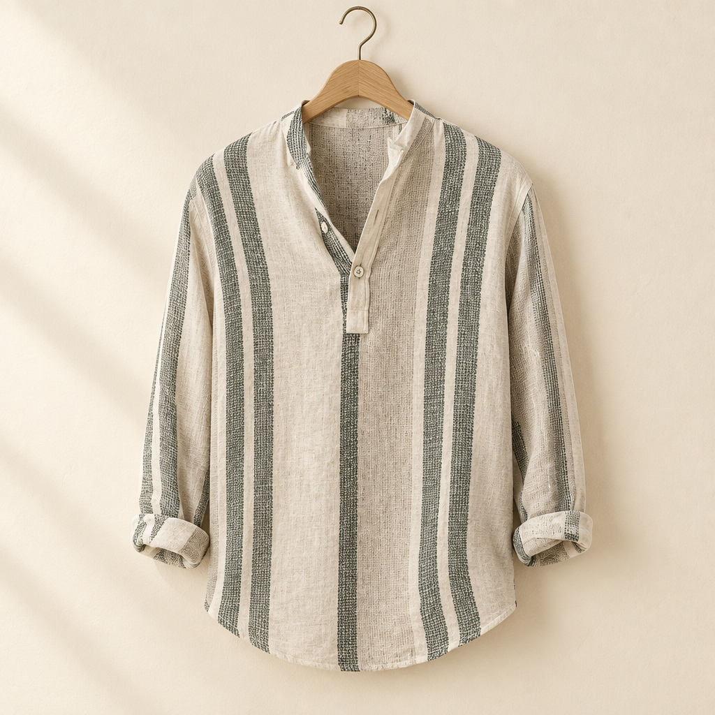 Striped Band-Collar Linen Shirt