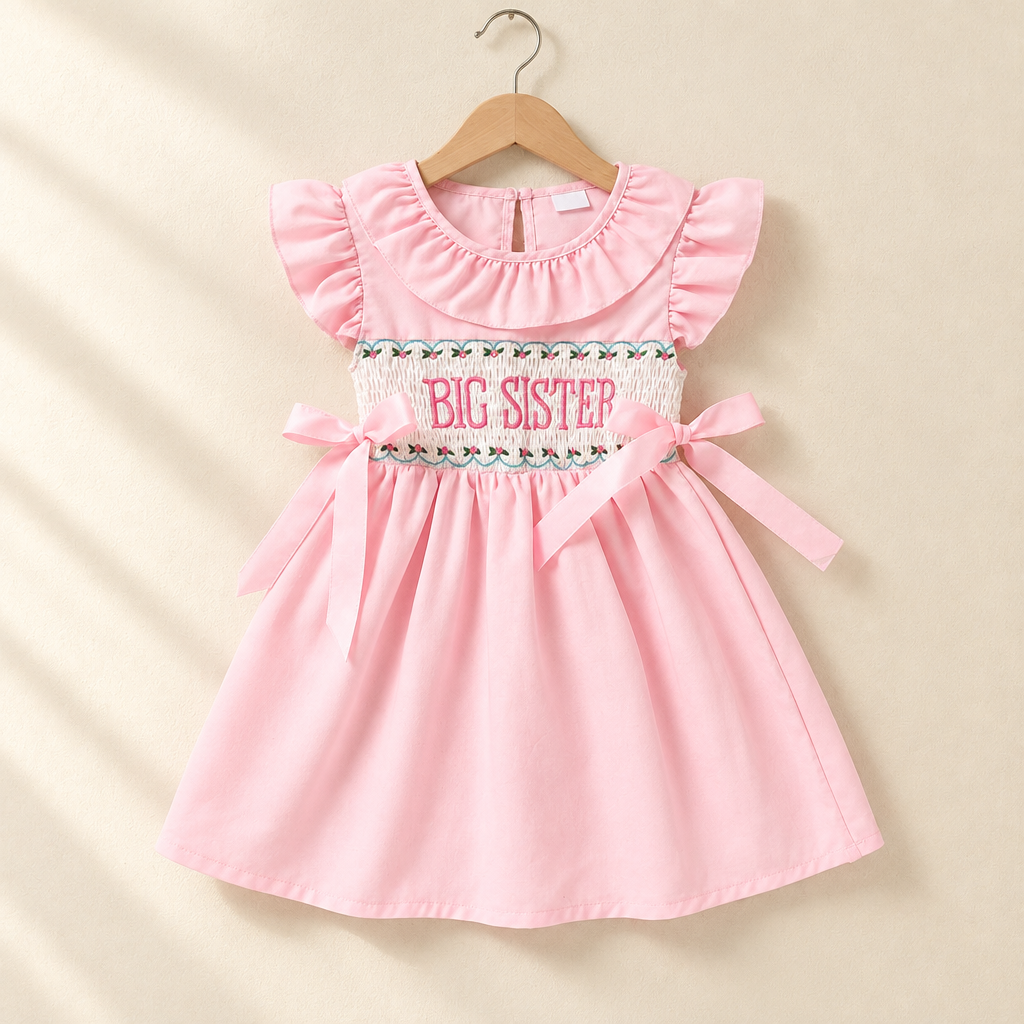 Pink Ruffle-Sleeve Bow Dress