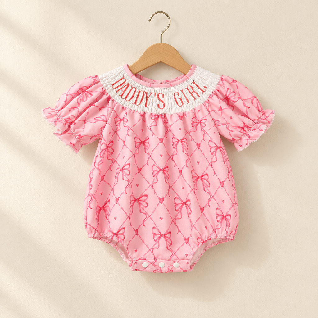 Bow Print Bubble-Sleeve Romper