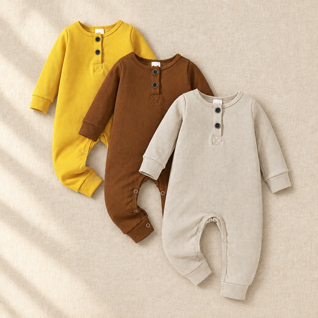 Ribbed Button-Front Rompers (3-Pack)